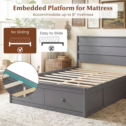 Full Size Wooden Platform Bed Frame with Storage Drawers-Gray - Gray - Simple Bed Frame