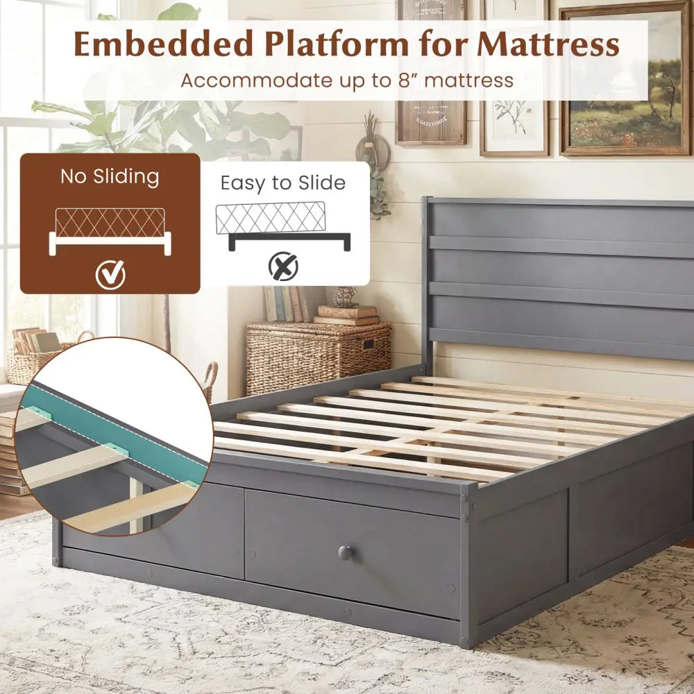 Full Size Wooden Platform Bed Frame with Storage Drawers-Gray - Gray - Simple Bed Frame