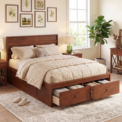 Full Size Wooden Platform Bed Frame with Storage Drawers-Walnut - Walnut - Simple Bed Frame
