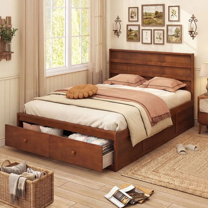 Full Size Wooden Platform Bed Frame with Storage Drawers-Walnut - Walnut - Simple Bed Frame