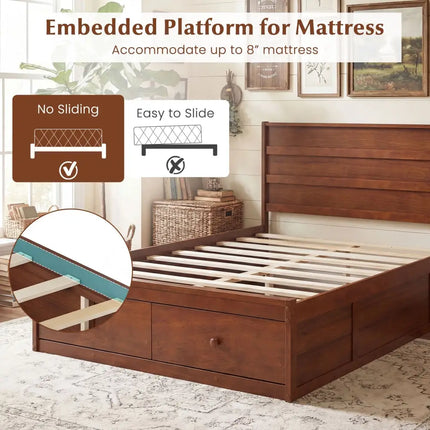 Full Size Wooden Platform Bed Frame with Storage Drawers-Walnut - Walnut - Simple Bed Frame