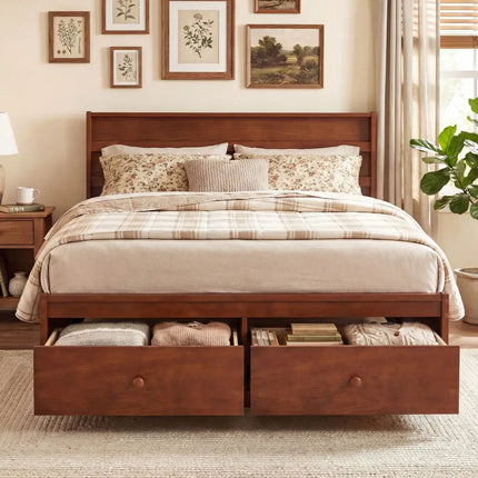 Full Size Wooden Platform Bed Frame with Storage Drawers-Walnut - Walnut - Simple Bed Frame
