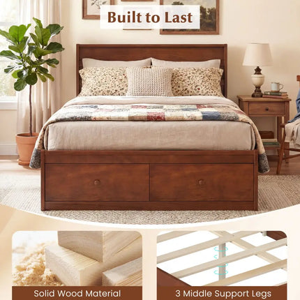 Full Size Wooden Platform Bed Frame with Storage Drawers-Walnut - Walnut - Simple Bed Frame