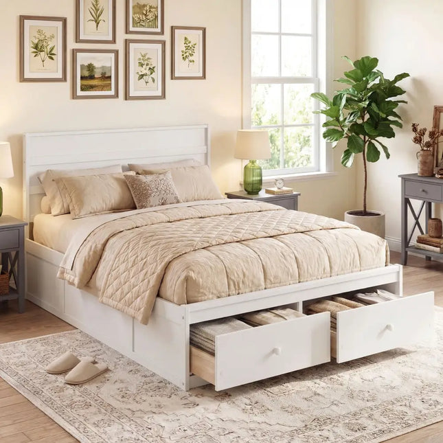 Full Size Wooden Platform Bed Frame with Storage Drawers-White - White - Simple Bed Frame