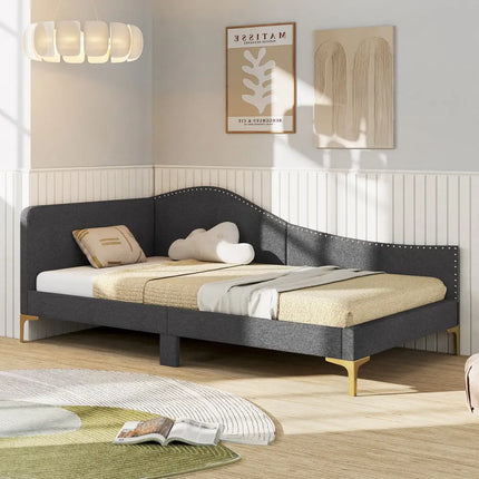 Full/Twin Size Rivet-Tufted Platform Bed with Metal Legs and Wood Slats-Twin Size - Gray - Simple Bed Frame