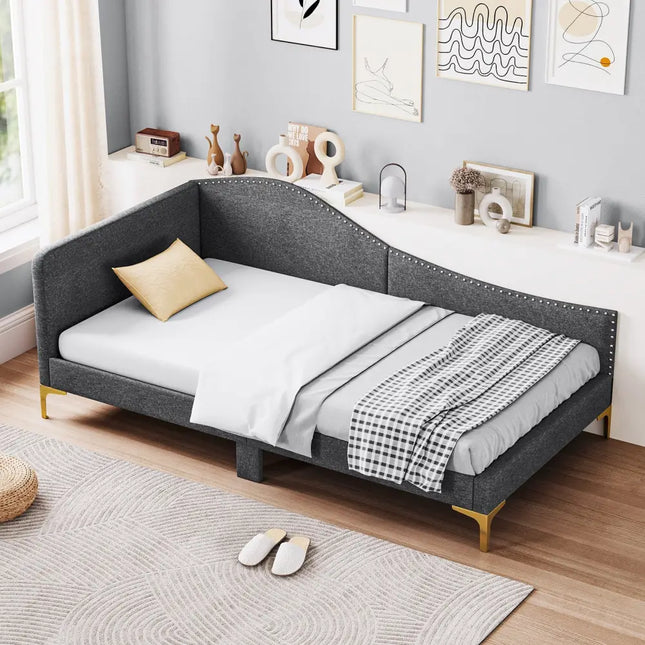 Full/Twin Size Rivet-Tufted Platform Bed with Metal Legs and Wood Slats-Twin Size - Gray - Simple Bed Frame