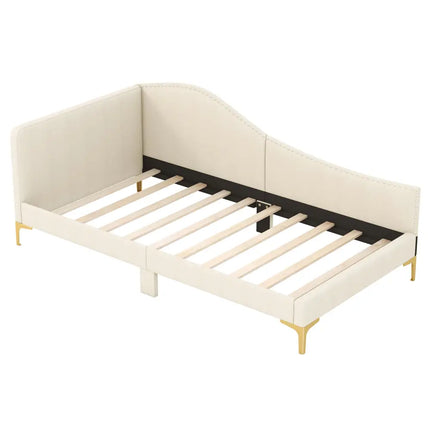 Full/Twin Size Upholstered Daybed with Metal Legs and Wood Slats-Twin Size - Beige - Trundle Bed Frame