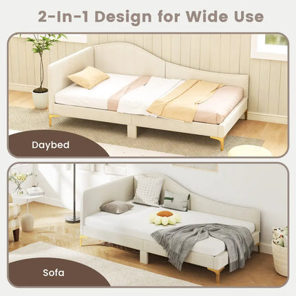 Full/Twin Size Upholstered Daybed with Metal Legs and Wood Slats-Twin Size - Beige - Trundle Bed Frame