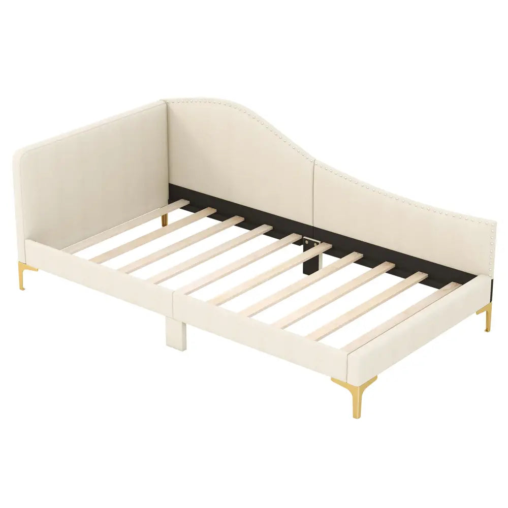Full/Twin Size Upholstered Daybed with Metal Legs and Wood Slats-Twin Size - Beige - Trundle Bed Frame