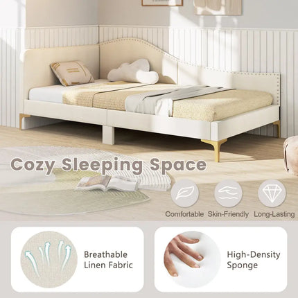 Full/Twin Size Upholstered Daybed with Metal Legs and Wood Slats-Twin Size - Beige - Trundle Bed Frame