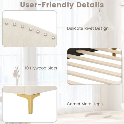 Full/Twin Size Upholstered Daybed with Metal Legs and Wood Slats-Twin Size - Beige - Trundle Bed Frame