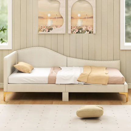 Full/Twin Size Upholstered Daybed with Metal Legs and Wood Slats-Twin Size - Beige - Trundle Bed Frame