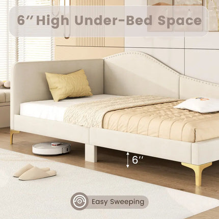 Full/Twin Size Upholstered Daybed with Metal Legs and Wood Slats-Twin Size - Beige - Trundle Bed Frame