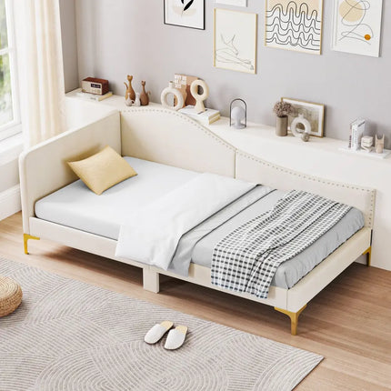 Full/Twin Size Upholstered Daybed with Metal Legs and Wood Slats-Twin Size - Beige - Trundle Bed Frame