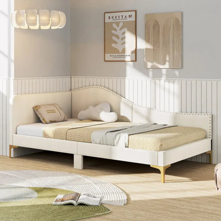 Full/Twin Size Upholstered Daybed with Metal Legs and Wood Slats-Twin Size - Beige - Trundle Bed Frame