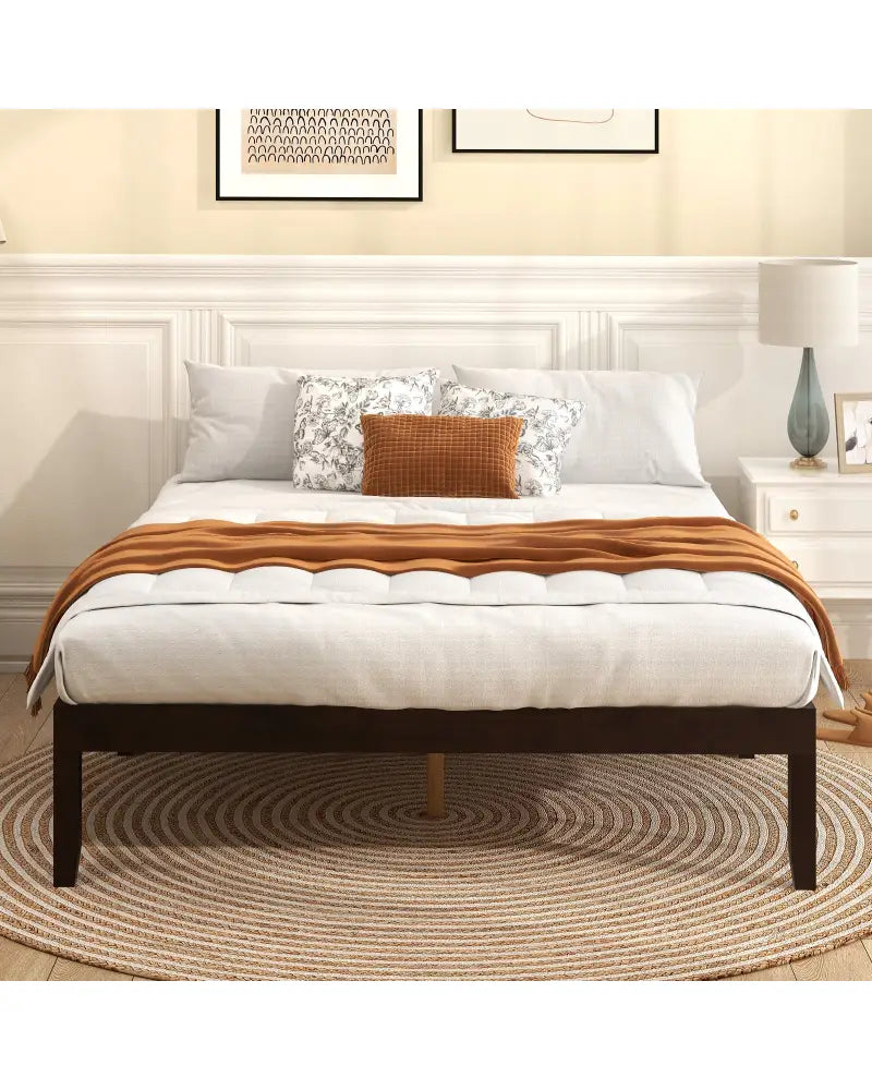 Full Wood Bed Frame with Wooden Slats Support and Rubber Wood Legs-Espresso - Espresso - Simple Bed Frame