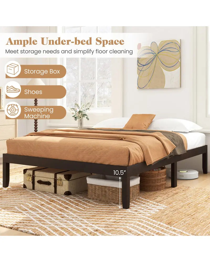 Full Wood Bed Frame with Wooden Slats Support and Rubber Wood Legs-Espresso - Espresso - Simple Bed Frame