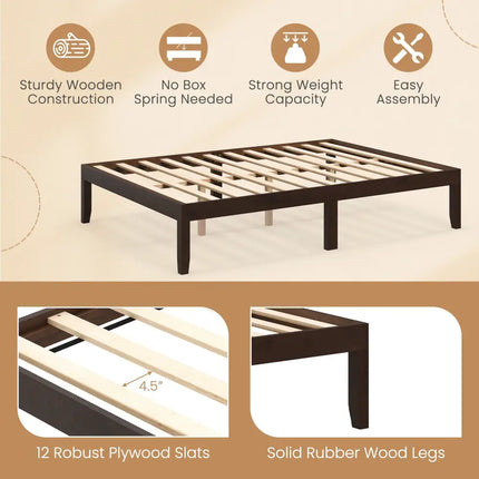 Full Wood Bed Frame with Wooden Slats Support and Rubber Wood Legs-Espresso - Espresso - Simple Bed Frame