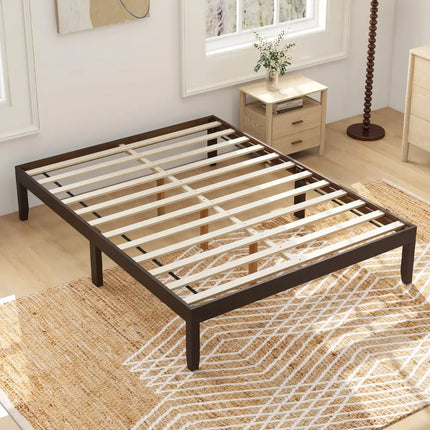 Full Wood Bed Frame with Wooden Slats Support and Rubber Wood Legs-Espresso - Espresso - Simple Bed Frame