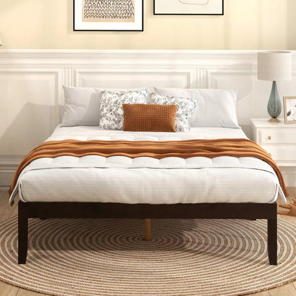 Full Wood Bed Frame with Wooden Slats Support and Rubber Wood Legs-Espresso - Espresso - Simple Bed Frame