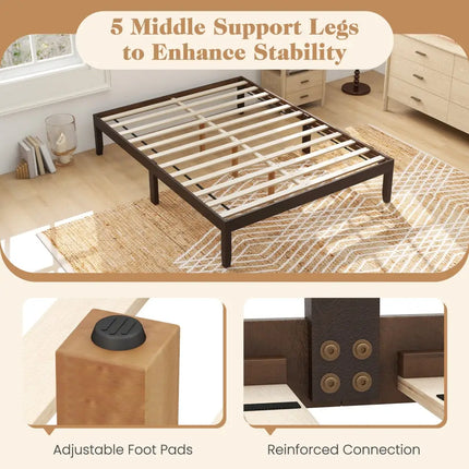 Full Wood Bed Frame with Wooden Slats Support and Rubber Wood Legs-Espresso - Espresso - Simple Bed Frame
