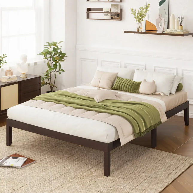 Full Wood Bed Frame with Wooden Slats Support and Rubber Wood Legs-Espresso - Espresso - Simple Bed Frame