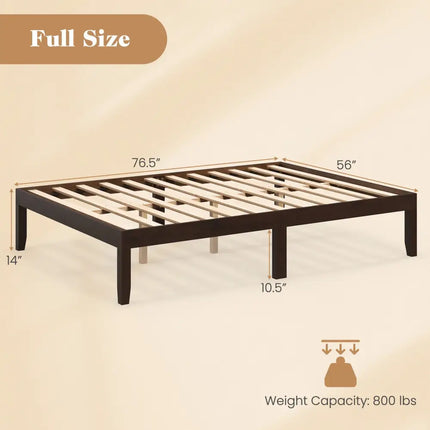 Full Wood Bed Frame with Wooden Slats Support and Rubber Wood Legs-Espresso - Espresso - Simple Bed Frame