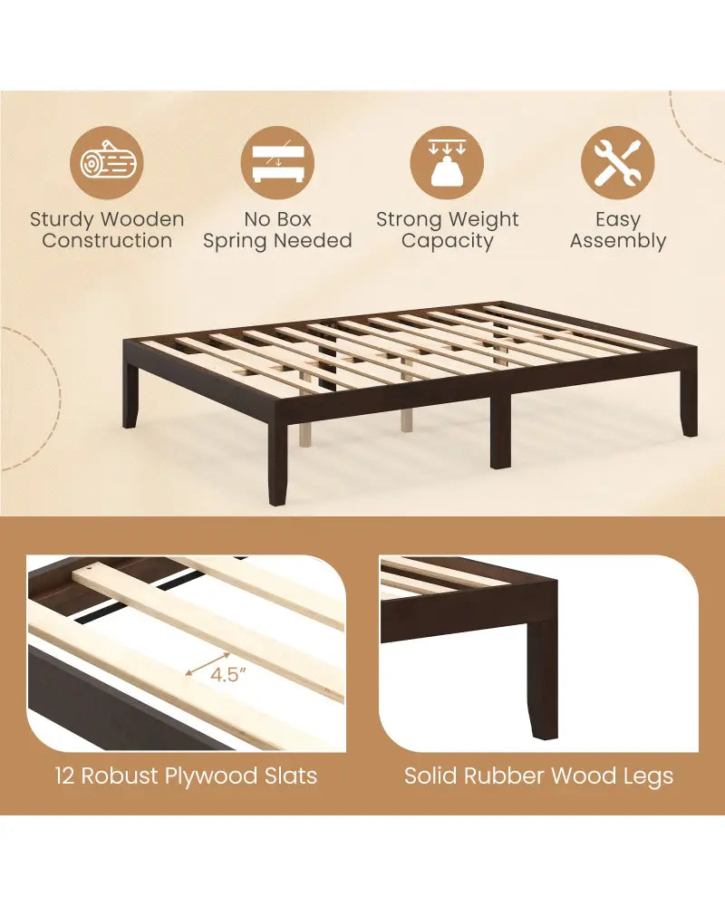 Full Wood Bed Frame with Wooden Slats Support and Rubber Wood Legs-Espresso - Espresso - Simple Bed Frame