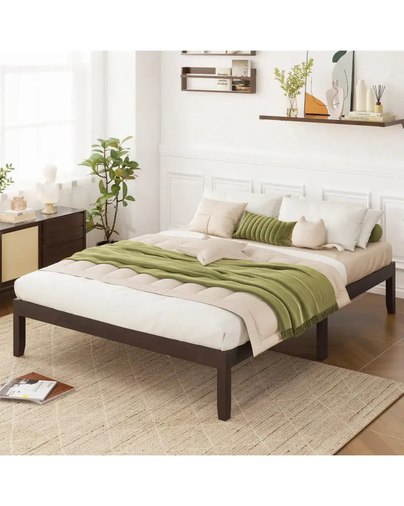 Full Wood Bed Frame with Wooden Slats Support and Rubber Wood Legs-Espresso - Espresso - Simple Bed Frame
