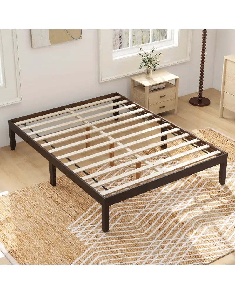 Full Wood Bed Frame with Wooden Slats Support and Rubber Wood Legs-Espresso - Espresso - Simple Bed Frame