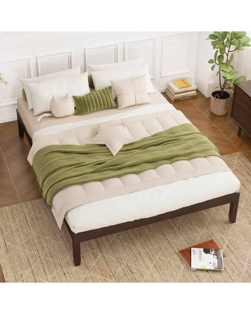 Full Wood Bed Frame with Wooden Slats Support and Rubber Wood Legs-Espresso - Espresso - Simple Bed Frame
