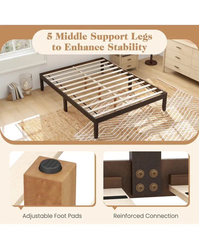 Full Wood Bed Frame with Wooden Slats Support and Rubber Wood Legs-Espresso - Espresso - Simple Bed Frame