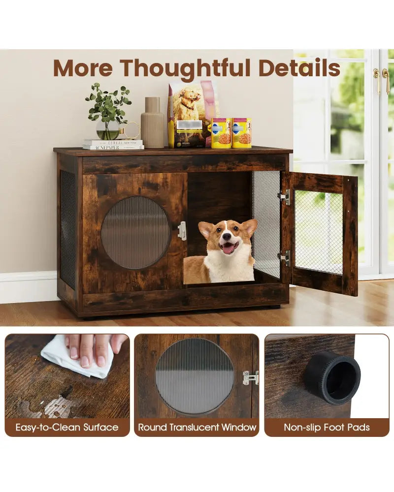 Furniture Style Dog Crate for Small and Medium Dogs with Translucent Window and Lockable Door-Rustic Brown - Rustic