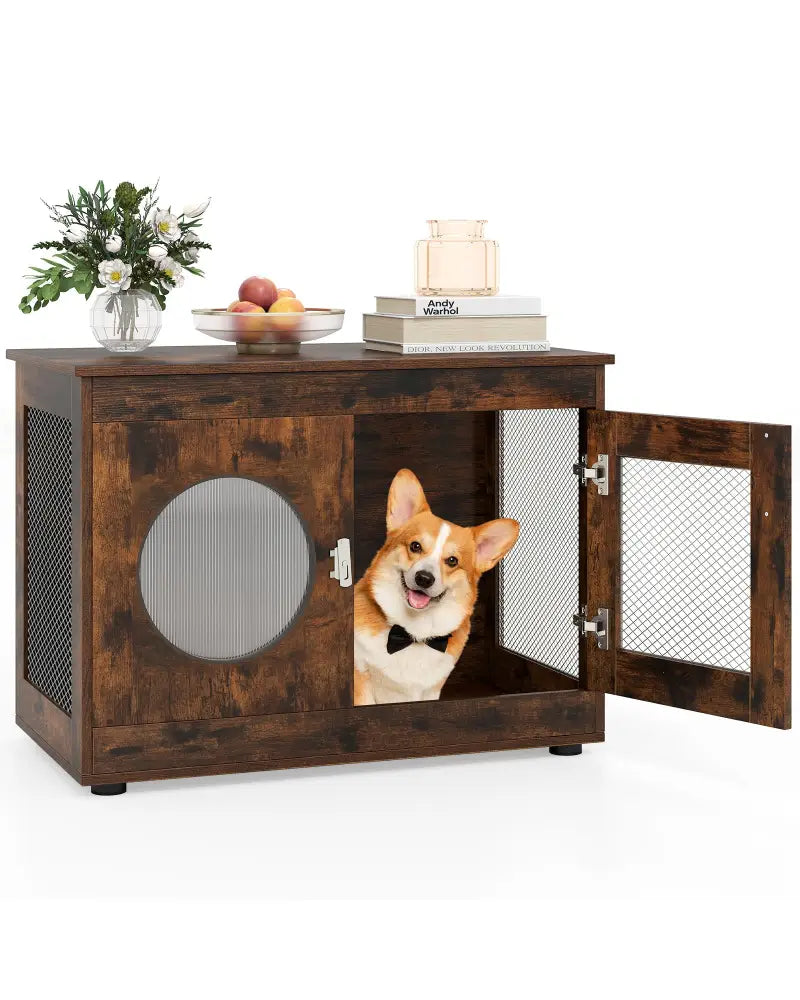 Furniture Style Dog Crate for Small and Medium Dogs with Translucent Window and Lockable Door-Rustic Brown - Rustic