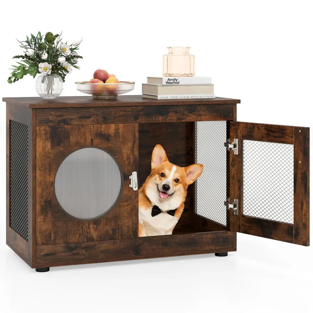 Furniture Style Dog Crate for Small and Medium Dogs with Translucent Window and Lockable Door-Rustic Brown - Rustic
