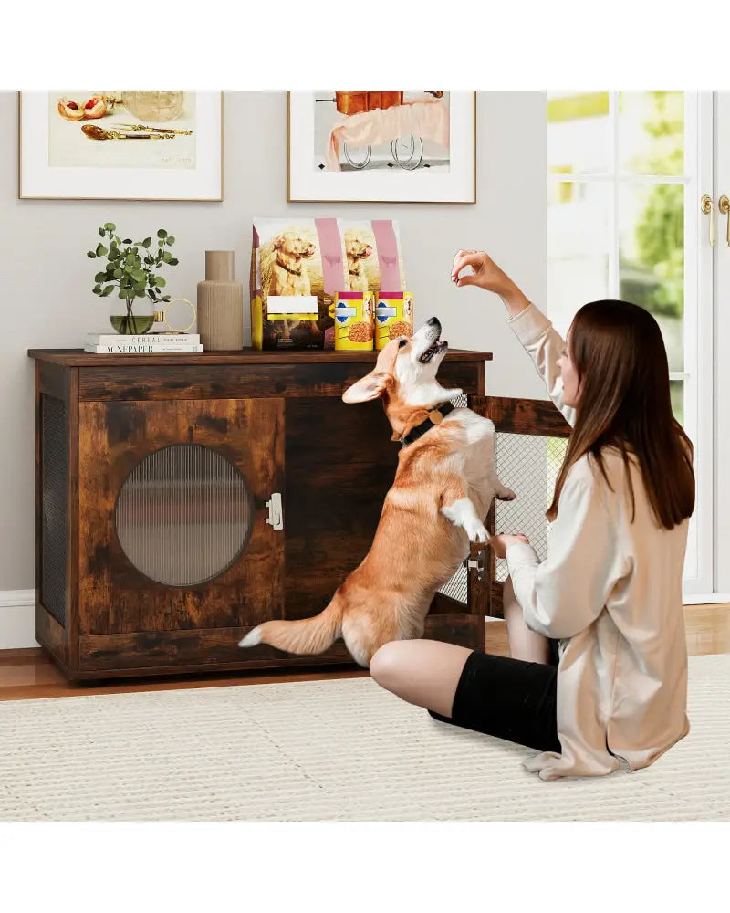 Furniture Style Dog Crate for Small and Medium Dogs with Translucent Window and Lockable Door-Rustic Brown - Rustic