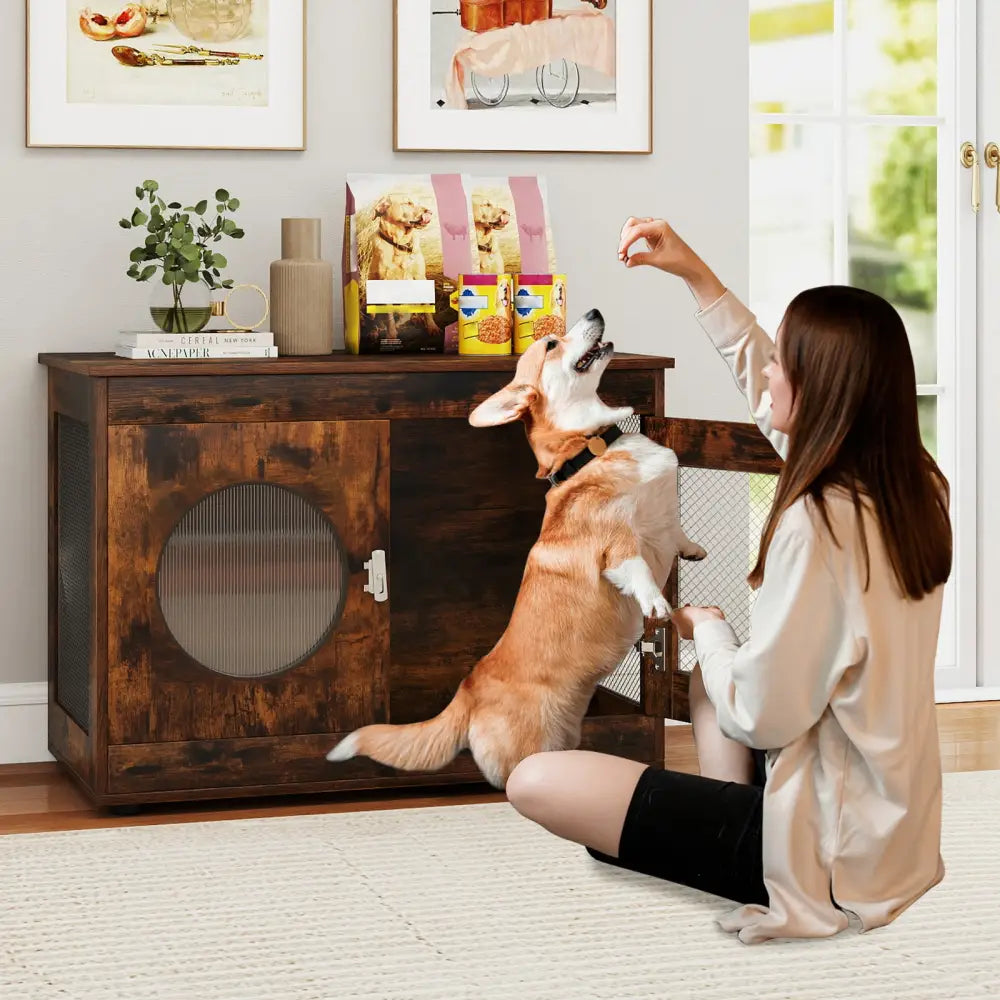 Furniture Style Dog Crate for Small and Medium Dogs with Translucent Window and Lockable Door-Rustic Brown - Rustic