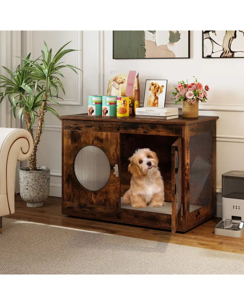 Furniture Style Dog Crate for Small and Medium Dogs with Translucent Window and Lockable Door-Rustic Brown - Rustic