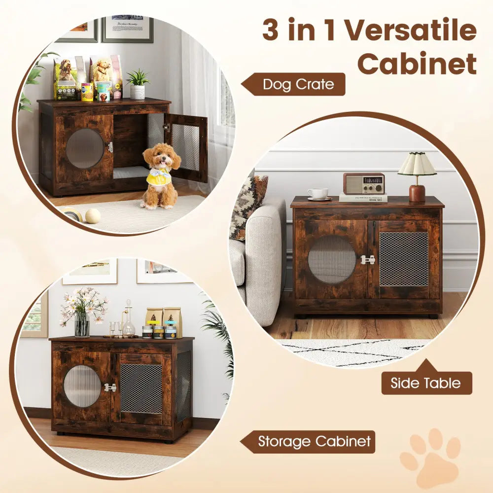 Furniture Style Dog Crate for Small and Medium Dogs with Translucent Window and Lockable Door-Rustic Brown - Rustic