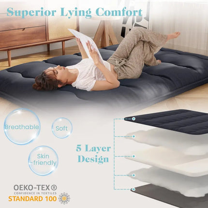 Futon Mattress with Washable Cover and Foldable Mat-Full Size - Black - Mattresses