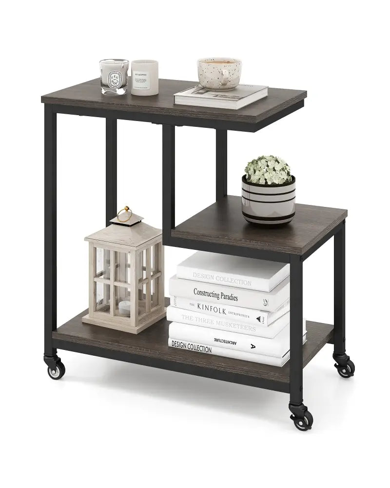 G-shaped Side Table 3-Tier Mobile End Table with Open Shelves-Gray - Gray - End & Side Tables
