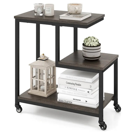 G-shaped Side Table 3-Tier Mobile End Table with Open Shelves-Gray - Gray - End & Side Tables