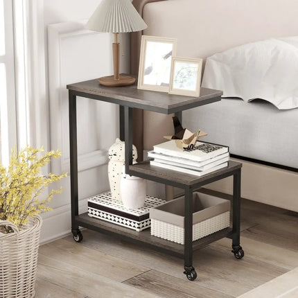 G-shaped Side Table 3-Tier Mobile End Table with Open Shelves-Gray - Gray - End & Side Tables
