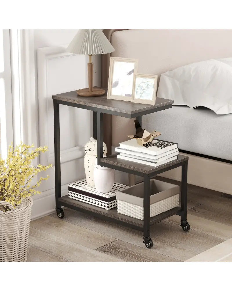 G-shaped Side Table 3-Tier Mobile End Table with Open Shelves-Gray - Gray - End & Side Tables