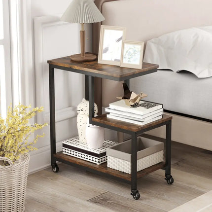 G-shaped Side Table 3-Tier Mobile End Table with Open Shelves-Rustic Brown - Rustic Brown - End & Side Tables