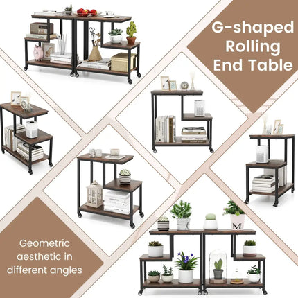 G-shaped Side Table 3-Tier Mobile End Table with Open Shelves-Rustic Brown - Rustic Brown - End & Side Tables