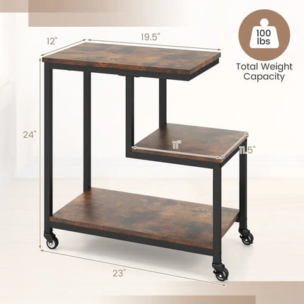 G-shaped Side Table 3-Tier Mobile End Table with Open Shelves-Rustic Brown - Rustic Brown - End & Side Tables