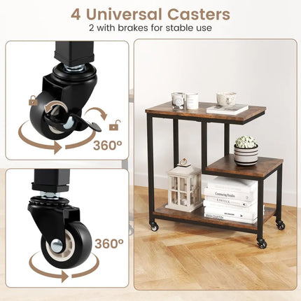 G-shaped Side Table 3-Tier Mobile End Table with Open Shelves-Rustic Brown - Rustic Brown - End & Side Tables