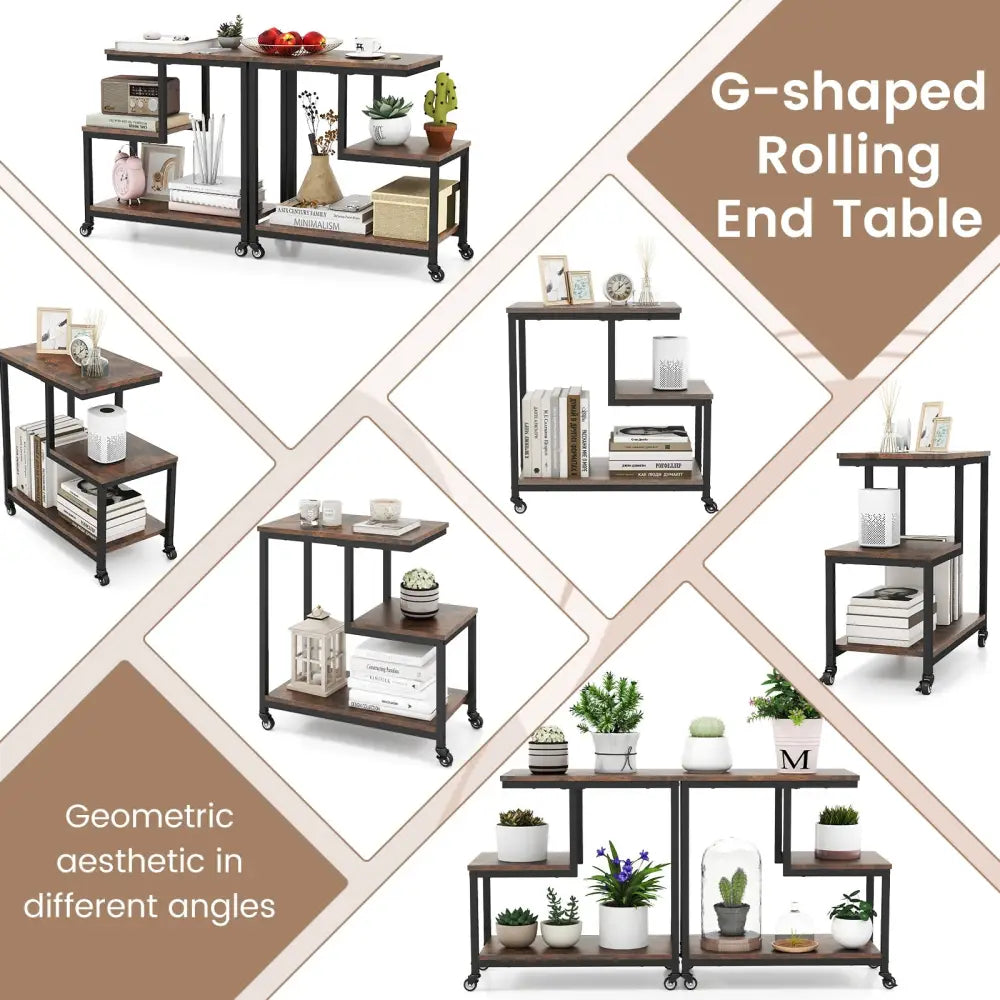 G-shaped Side Table 3-Tier Mobile End Table with Open Shelves-Rustic Brown - Rustic Brown - End & Side Tables