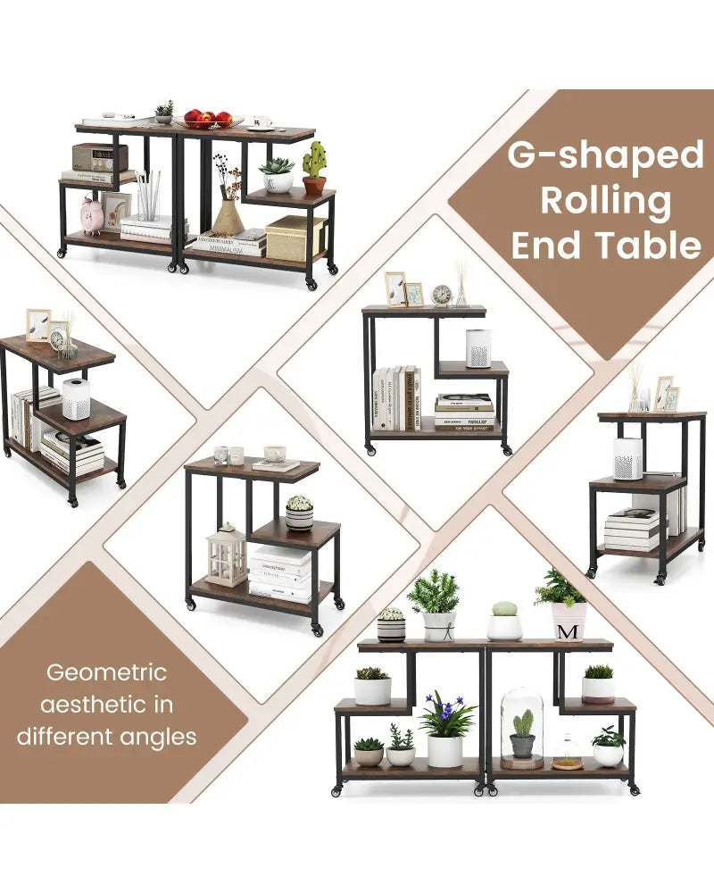 G-shaped Side Table 3-Tier Mobile End Table with Open Shelves-Rustic Brown - Rustic Brown - End & Side Tables